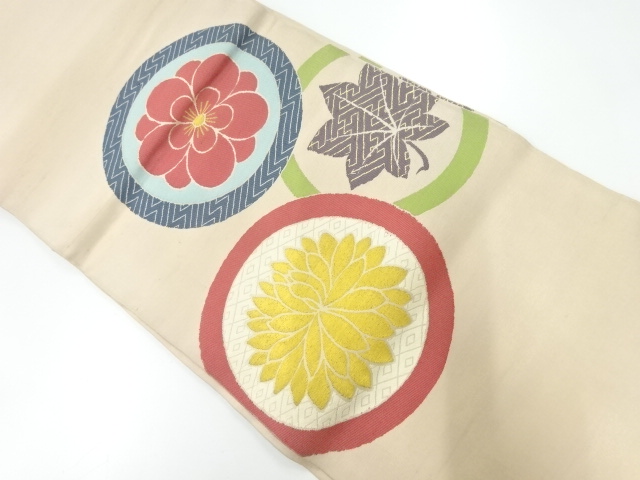 JAPANESE KIMONO / ANTIQUE FUKURO OBI / SILK / WOVEN ROUNDEL & UME & KIKU & MAPLE